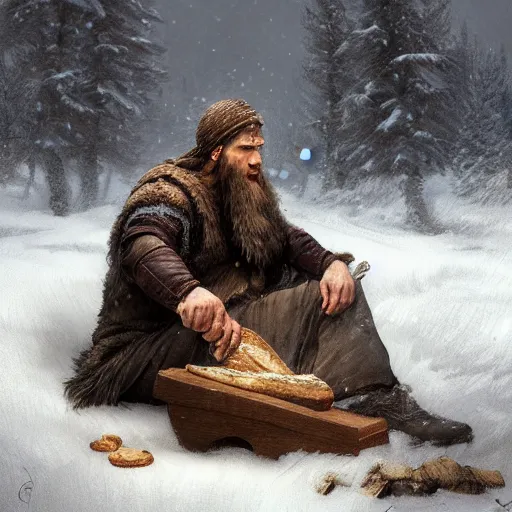 Image similar to epic portrait An viking eating loaf of bread during winter, blizzardy, beauty, pretty face, glossy skin, beard, digital painting, artstation, concept art, soft light, hdri, smooth, sharp focus, illustration, fantasy, intricate, elegant, highly detailed, D&D, matte painting, in the style of Greg Rutkowski and Alphonse Mucha and artemisia, 8k, highly detailed, jurgens, rutkowski, bouguereau, pastoral, rustic, georgic