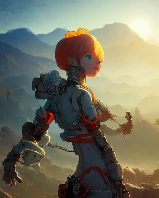 Image similar to friendly carrot cyborg, scifi farm, morning light, girl, cinematic, mountains, atmosphere, welcoming smile, high quality, perfect, 8 k high detail, masterpiece, trending on artstation, by akihiko yoshida