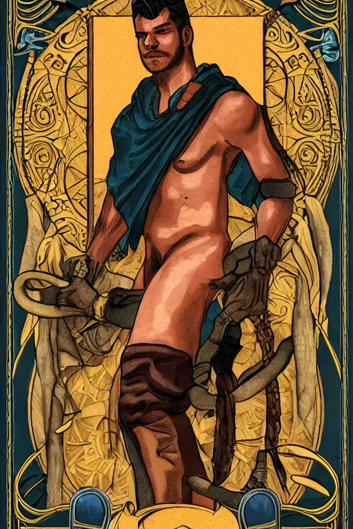 Prompt: tarot card of a shirtless cowboy, bara, dad bod, homoerotic, art deco, art nouveau, trending on artstation