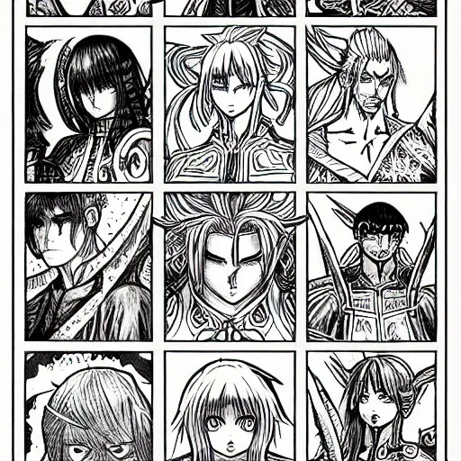 Prompt: prompt: 90's manga version of world of warcraft characters in black and white hyper detailed style, drawn by Botticelli, smaller details, 1980 manga style, graphic halftone details,