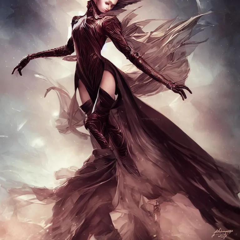 Image similar to beautiful cinematic fantasy poster, character concept of a beautiful fashion model wearing haute couture in dynamic pose, wideshot ultrawide angle epic scale, hybrid, by artgerm; wayne reynolds art station; cinematic quality character render; low angle; ultra high quality model; production quality cinema model;