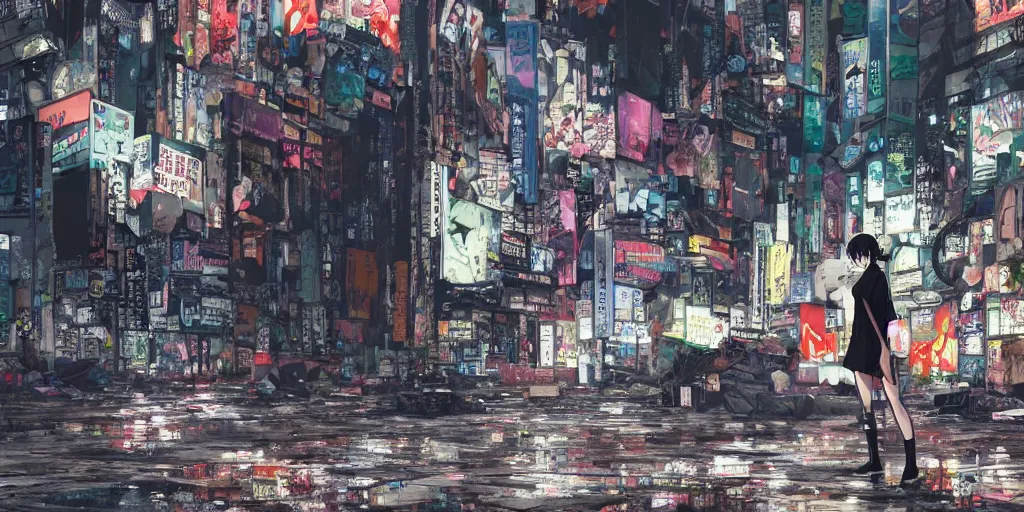 Prompt: incredible wide screenshot, ultrawide, paper texture, katsuhiro otomo ghost in the shell movie scene, backlit distant shot girl in a park, dark wet road, black parasol in deserted trash pile night shinjuku junk town, broken vending machines, smashed wall, bold graffiti, black road, reflection puddles, dark vignette