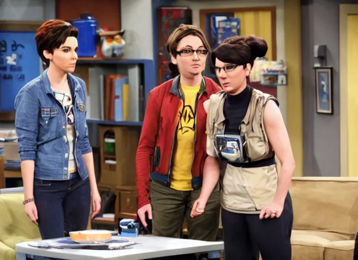 Prompt: a film still of a a woman called tracer from overwatch in sitcom big bang theory