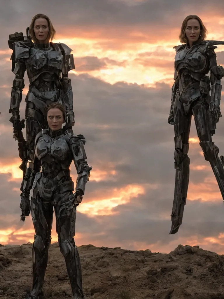 Image similar to emily blunt in futuristic power armor, standing on a hill, holding a sword, edge of tomorrow, angel of verdun, sunset