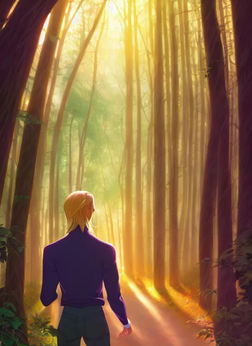 Prompt: book cover design, slender young man with long golden blond hair, shiny and sparkling, from behind, back shot, lost in a magical forest, natural lighting, path traced, highly detailed, high quality, cartoon, digital painting, by don bluth and ross tran and studio ghibli and alphonse mucha