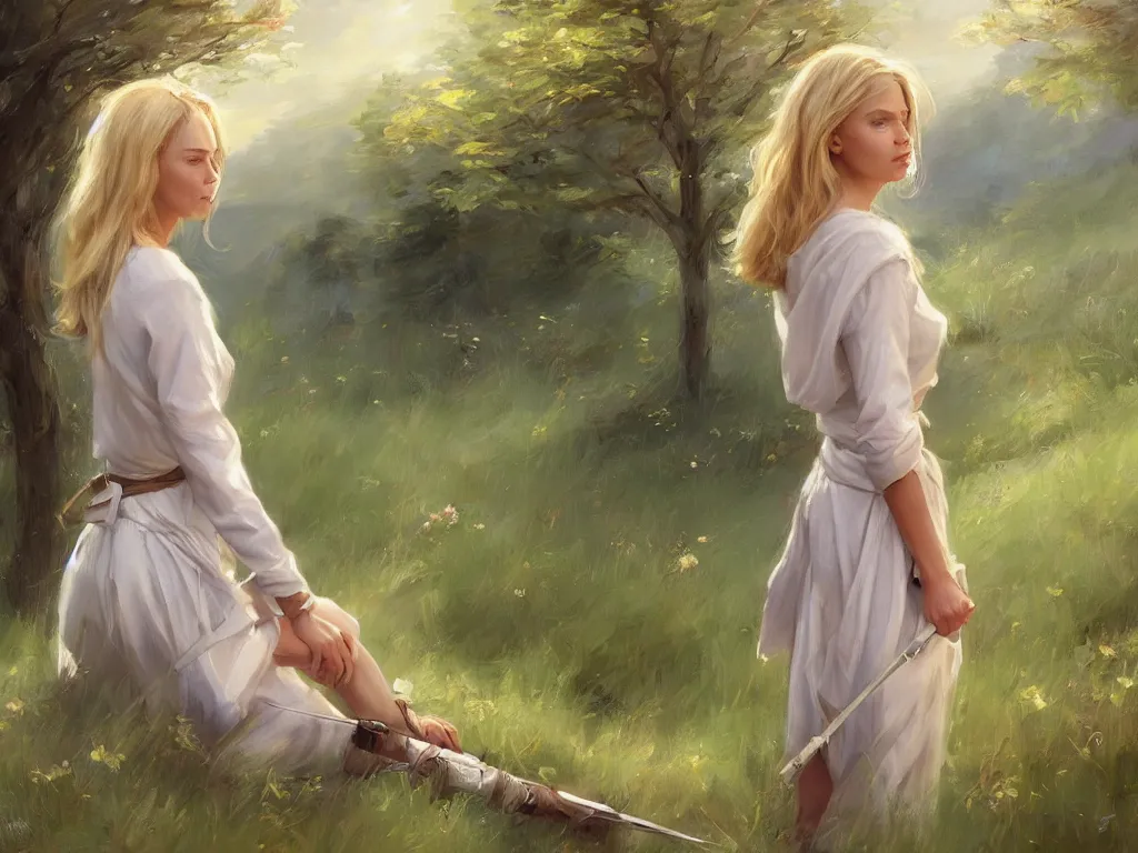 Image similar to blonde female jedi, Swedish countryside, landscape view, archipelago, painting by Vladimir Volegov, wlop, artstation