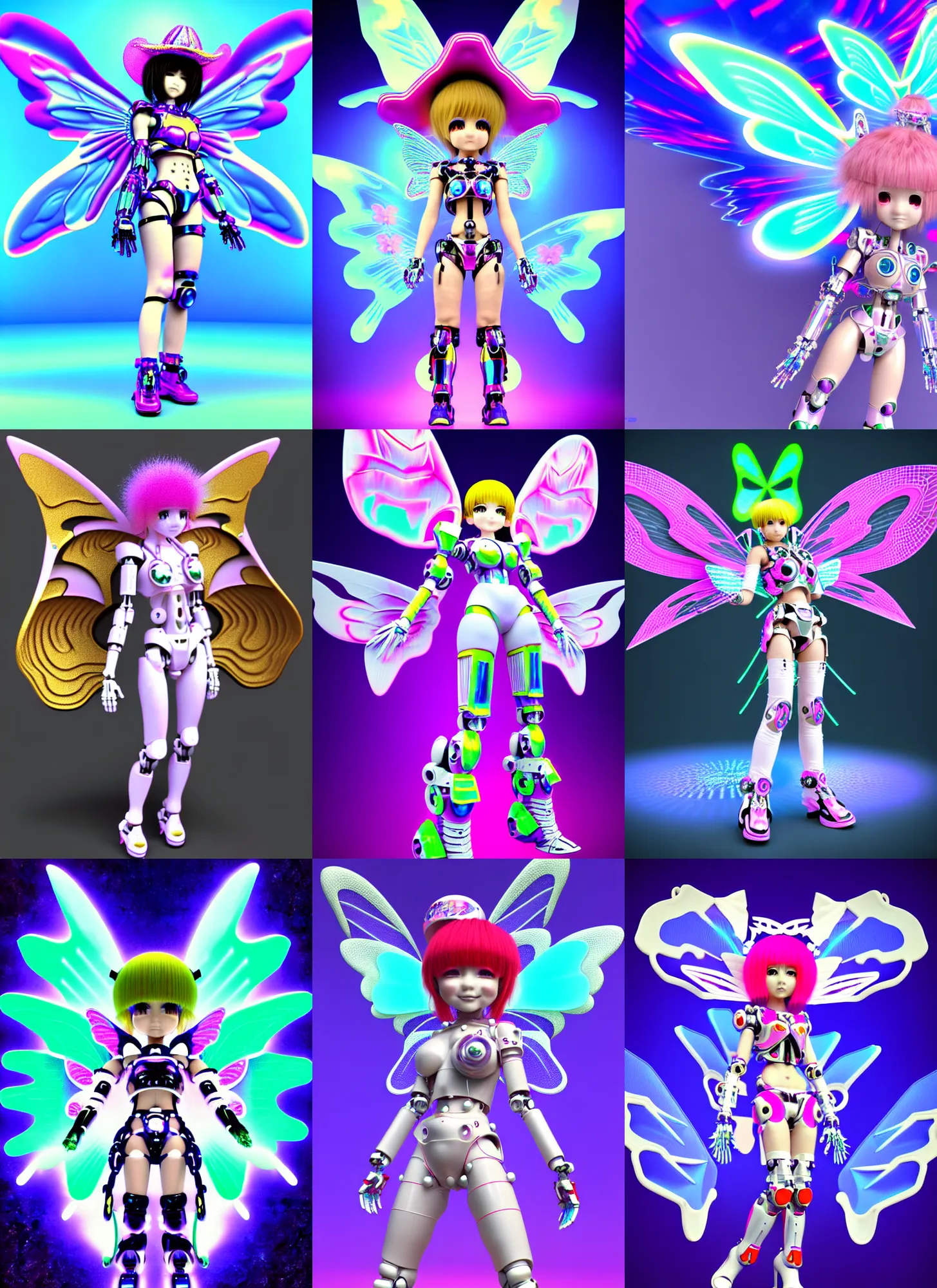 Prompt: 3d render of chibi raver cyborg mecha fairy angel in the style of Ichiro Tanida wearing a big cowboy hat and wearing angel wings against a psychedelic swirly background with 3d rendered butterflies and 3d rendered flowers n the style of 1990's CG graphics 3d rendered y2K aesthetic by Ichiro Tanida, 3DO magazine