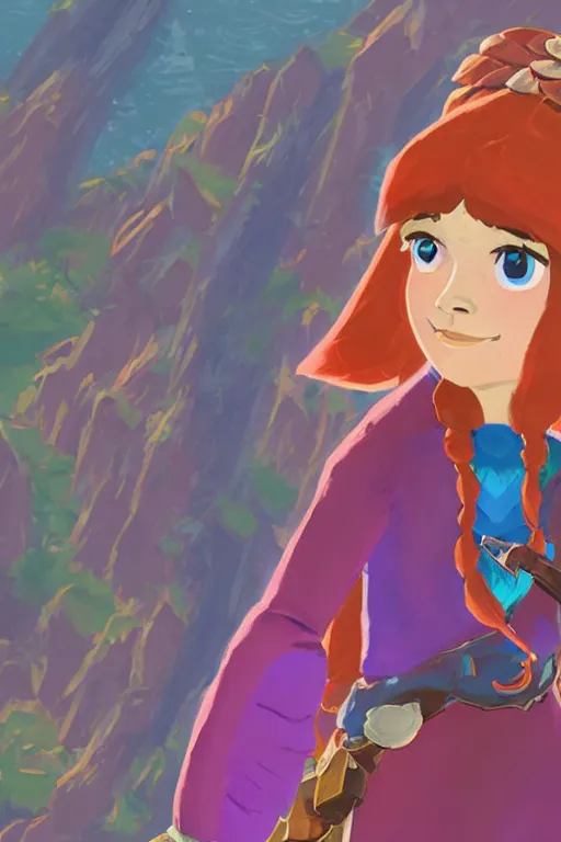 Image similar to an in game portrait of madeline from celeste in the legend of zelda breath of the wild, breath of the wild art style.