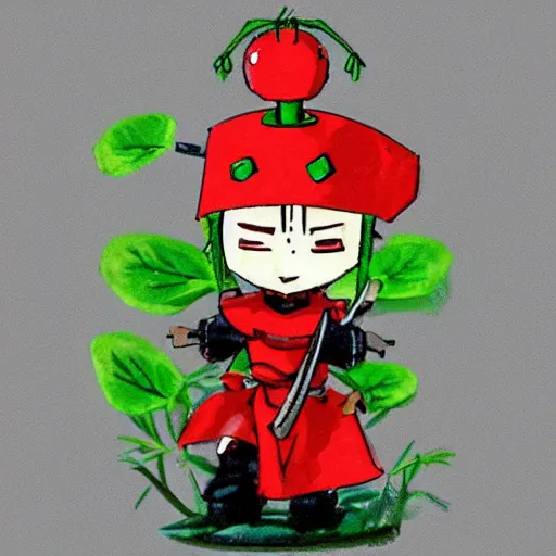 Image similar to cute robot made of plants wearing tomato hat and a chive sword, shoujo shuumatsu ryoku style