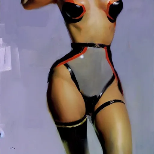 Prompt: greg manchess painting of of a female wearing a latex suit, painting, trending on artstation, by huang guangjian and gil elvgren and sachin teng