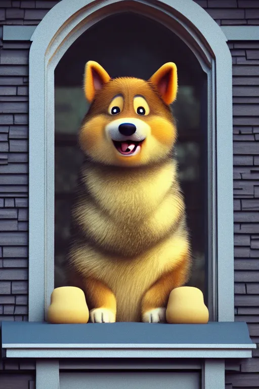 Image similar to happy finnish lapphund dog holding a crown at house window. Pixar Disney 4K 3d render funny animation movie Oscar winning trending on ArtStation and Behance. Ratatouille style.