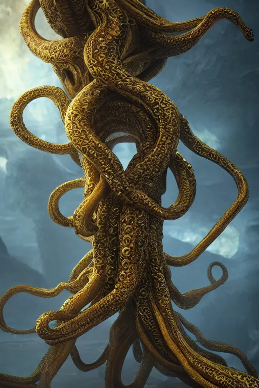 Image similar to giant ancient alien tentacles artwork by yoshitaka amano, black and gold, detailed background, extremely detailed, octane rendering, sharp focus, volumetric light, particles, unreal engine 5, rtx
