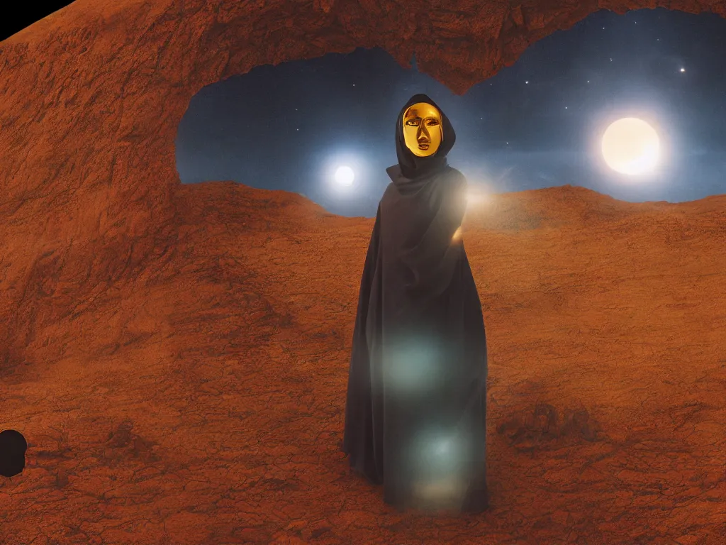 Prompt: glowing bene gesserit in full - face golden glowing mask in a black rocky desert landscape with a giant solar eclipse in the sky by christopher doyle and alejandro jodorowsky, anamorphic lens, kodakchrome, cinematic composition, very detailed photo, 8 k,