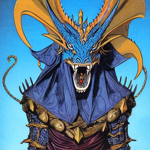 Image similar to head and shoulders portrait of a medieval d & d fantasy anthropomorphic blue dragon - headed sorcerer, comic book cover art by phil noto, frank miller, jeff easley, and hr giger