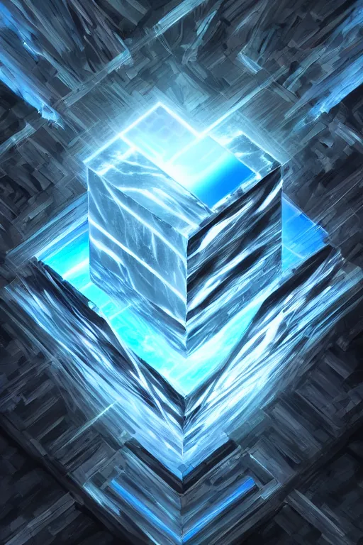 Prompt: foreground : big black marble cube. background : vertical blue beam of light, flux. fantasy, digital painting, hd, detailed.