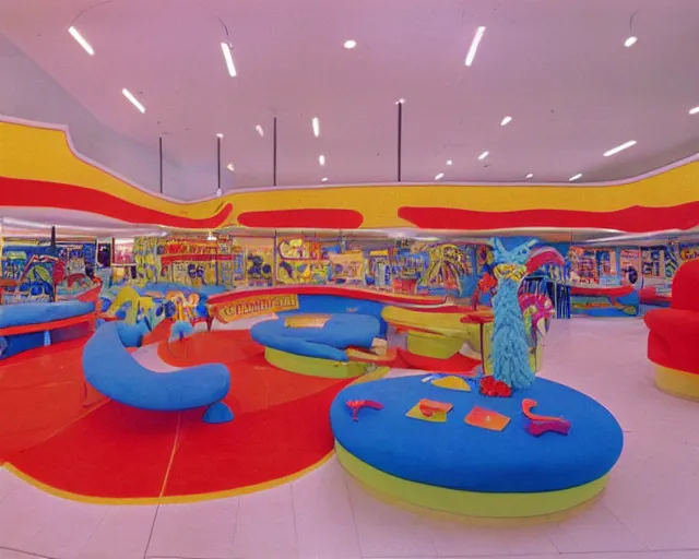 Prompt: the interior of a colorful dr. seuss - themed 1 9 8 0 s mall with mall - goers