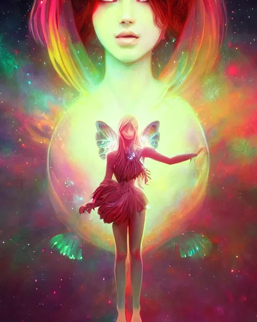 Image similar to a detailed image of an attractive!!!! girl with psychedelic! fairy wings holding!! a crystal!! containing all of reality and galaxies, by greg rutkowski artgerm ross tran ilya kuvshinov. volumetric lighting, digital art, subtle and detailed