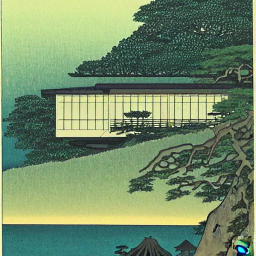 Image similar to painting by Hasui Kawase, atmospheric cozy futuristic organic white concrete house in the middle of a lush and dense forest at night, a beautiful lake next to it, night time, night sky, starry night sky, by Hasui Kawase