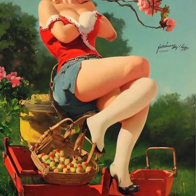 Image similar to pin - up poster of a cute farm girl by gil elvgren