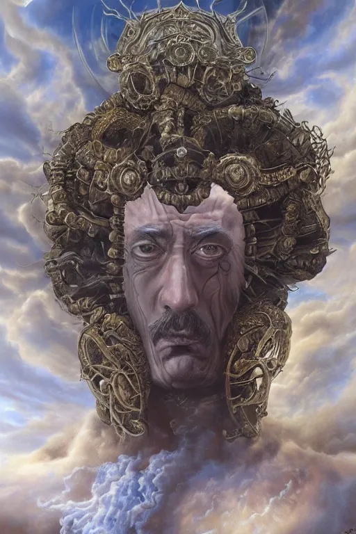 Prompt: Intricate stunning highly detailed portrait of Salvador Dali depicted as HammerFall’s lead vocals, digital painting by agostino arrivabene and Vladimir Kush, surreal, ultra realistic, Horror vacui, dramatic lighting, full moon, thick black swirling smoke tornado, burning fire embers, artstation