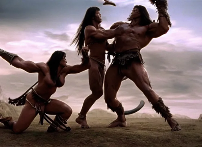 Image similar to beautiful tall muscular amazon wrestling a centaur, movie still, from the movie conan the barbarian, 8 k, realistic, action photography