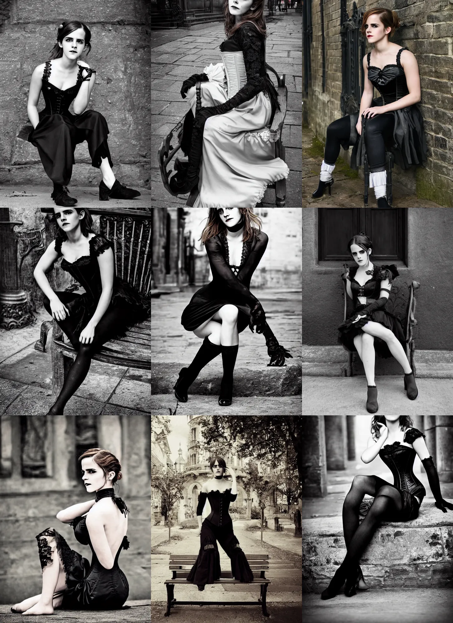 Prompt: Emma Watson for Victorian Secret as goth, sitting on a bench, squatting pose, corset, full length shot, dark street, itemized, XF IQ4, 50MP, 50mm, f/1.4, ISO 200, 1/160s, natural light, Adobe Lightroom, rule of thirds, symmetrical balance, depth layering, polarizing filter, Sense of Depth