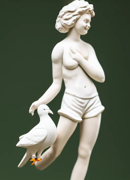 Prompt: still wooden figurine of young woman dressed wearing white shorts, holding white pigeon, personification, dynamic pose, detailed product photo, 8 k, 8 5 mm, f. 1 4, beautiful composition