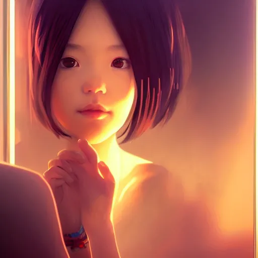 Image similar to very small little girl by ross tran : : reaching into their reflection in the mirror by sana takeda : : rtx reflections, very high intricate details, digital anime art by artgerm, medium shot, mid - shot, composition by ilya kuvshinov, lighting by greg rutkowski