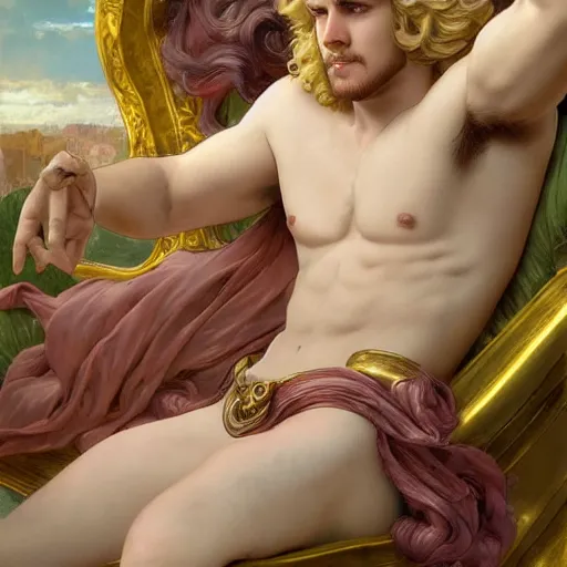 Image similar to Bacchus the pale blond Greek God league of legends on his day off, reclining on a lounge, long fluffy curly blond hair with Center parted curtain bangs, highly detailed, digital painting, artstation, concept art, golden ratio composition, smooth, sharp focus, illustration, ArtStation, art by artgerm and greg rutkowski and alphonse mucha and Edmund Blair Leighton and Charlie Bowater