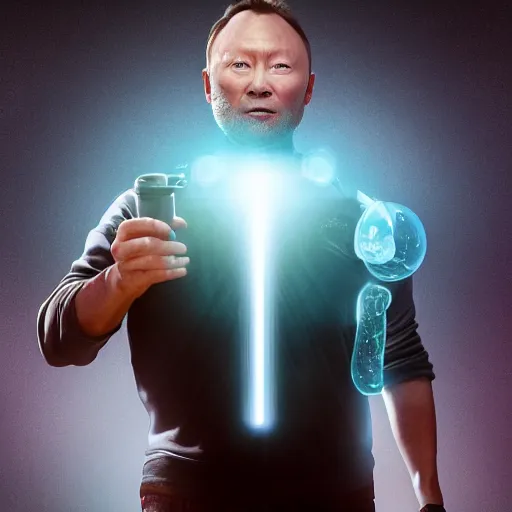 Image similar to limmy holding element 1 1 5, realistic, wide shot, dramatic lighting, hyper realistic, high quality, highly detailed, hd, beautiful, cinematic, 8 k, unreal engine, facial accuracy, symmetrical,