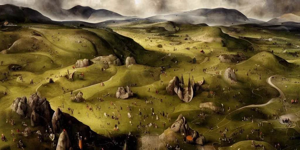 Prompt: very very Beautiful landscape of Aberdeenshire and Bennachie hill in the centre of the painting, physically accurate, dramatic dynamic lighting, intricate, elegant, highly detailed, digital painting, artstation, very hyperrealistic, Hieronymus Bosch, very very Tomas Sanchez, Renaissance, concept art, smooth, sharp focus, illustration, art by artgerm and greg rutkowski and alphonse mucha