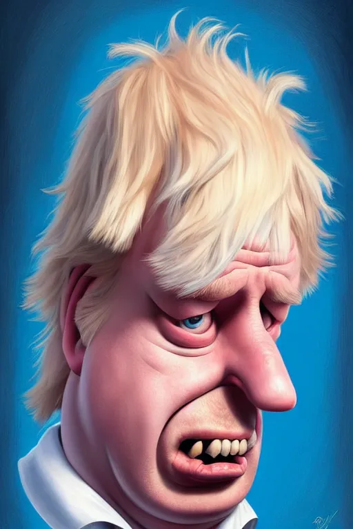 Image similar to Boris Johnson as a Simpsons character, realistic portrait, symmetrical, highly detailed, digital painting, artstation, concept art, smooth, sharp focus, illustration, cinematic lighting, art by artgerm and greg rutkowski and alphonse mucha