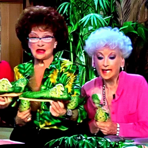 Image similar to Golden Girls cannabis mukbang with iguana guests Japanese game show 1996 divx rip