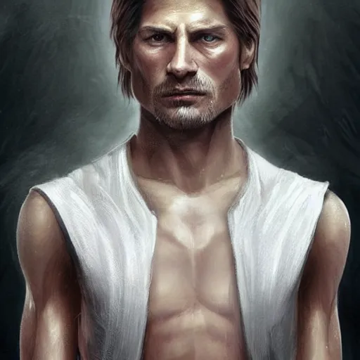 Prompt: a young Nikolaj Coster-Waldau with white hair, a white tunic and a black vest, fantasy art, digital painting, by Heise Jinyao, Heise-Lian Yan Fang, feimo, Richard Taddei, trending on ArtStation, concept art, cgsociety, octane render, trending on artstation, artstationHD, artstationHQ, unreal engine, 8k
