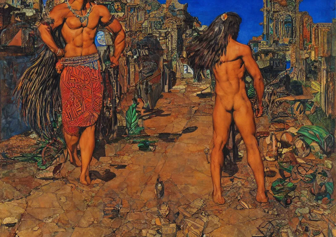 Image similar to a polynesian greek god searching through the streets of an abandoned city, sparse detail, complementary color scheme, by george luks, mati klarwein and moebius