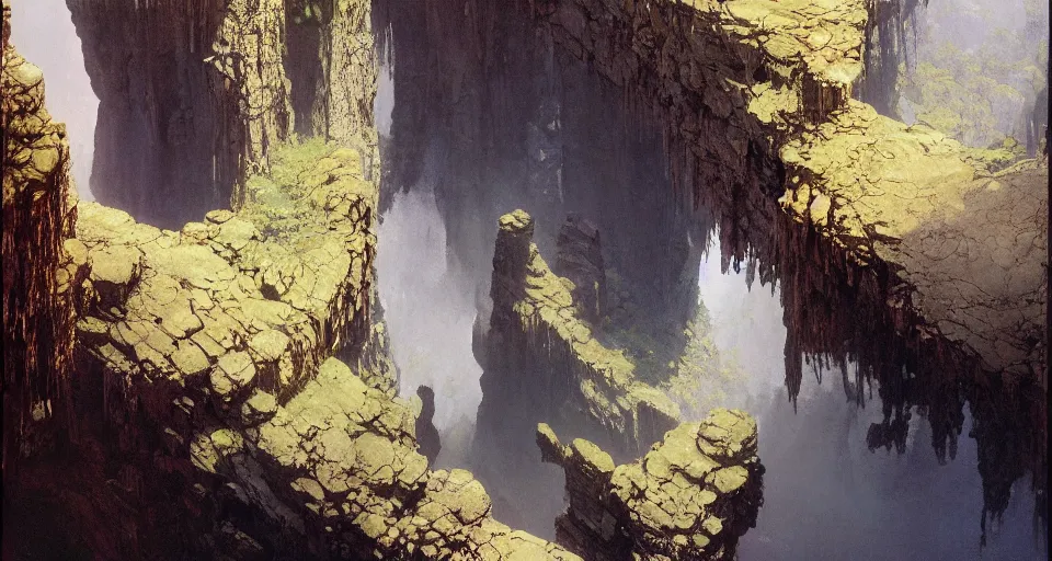 Image similar to unknown depth. a slender bridge of stone that spanned the chasm with one curving spring of fifty feet, rune - carved stone monolith intricate, vivid colors, elegant, highly detailed, john park, frazetta, john howe, ruan jia, jeffrey catherine jones