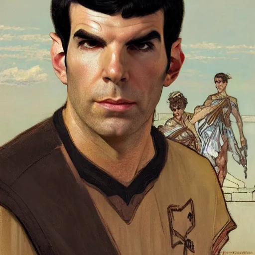 Image similar to portrait of ZACHARY QUINTO SPOCK in ancient Greece, (SFW) safe for work, photo realistic illustration by greg rutkowski, thomas kindkade, alphonse mucha, loish, norman rockwell