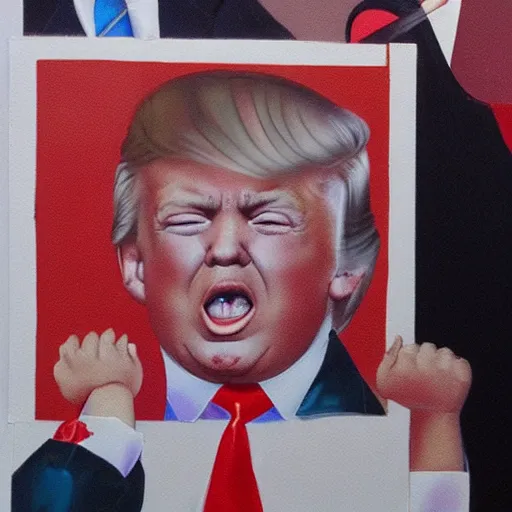 Prompt: donald trump as a little boy in tears, kitschy painting