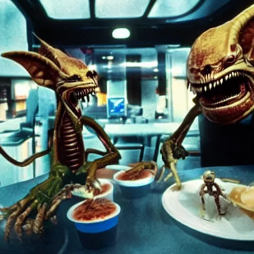 Prompt: xenomorph in a mcdonalds with gremlins throwing acidic milkshake in his face