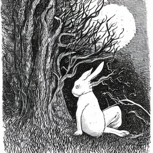 Image similar to a pen and ink drawing of a white rabbit smoking a cigarette while reclining in a deep dark tangled forest, a lingering smoke cloud, childrens book illustration, by edward gorey, by gustav dore