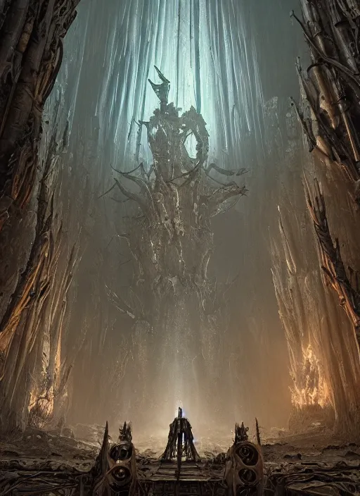 Image similar to a medieval adventurer inside an enormous alien cathedral made of skulls, lord of the rings landscape, huge statues, portal to another dimension, cinematic lighting, highly detailed, sharp focus, perfect composition, 4 k, artgerm, derek zabrocki, greg rutkowski, octane render