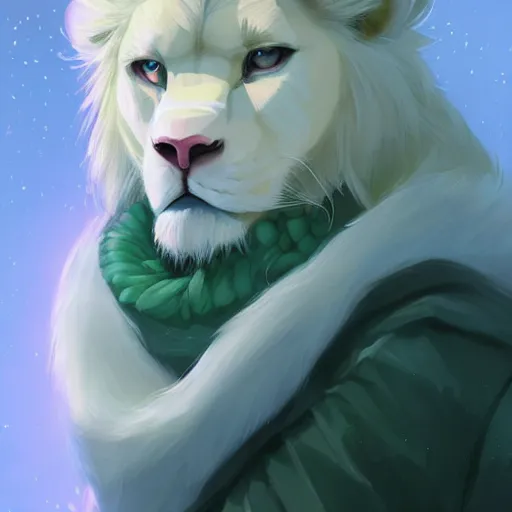 Prompt: aesthetic portrait commission of a albino male furry anthro lion wearing a cute mint colored cozy soft pastel winter outfit, winter Atmosphere. Character design by charlie bowater, ross tran, artgerm, and makoto shinkai, detailed, inked, western comic book art, 2021 award winning painting