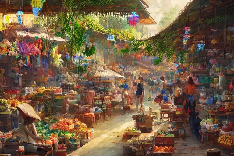 Image similar to a beautiful painting of a jungle market, Feng Zhu, digital art, artstation