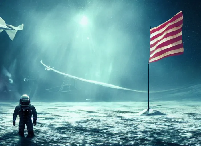 Image similar to astronaut holding a flag in an underwater desert. a submarine is visible in the distance. dark, concept art, cinematic, dramatic, atmospheric, 8 k, trending on artstation, blue, fish, low visibility, fog, ocean floor, christopher nolan, interstellar