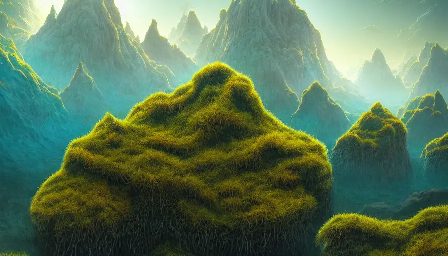 Prompt: a beautiful hyper realistic detailed matte painting of a microscopic world of algae and microflora with ridges similar to mountains with billions of prismatic glowing micro trees emitting a teal color by john howe and albert bierstadt and alena aenami and dan mumford and dave noton, unreal engine, trending on behance