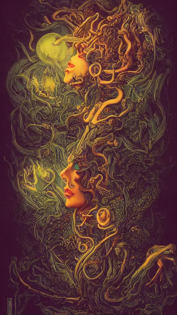 Prompt: cannabis symbolism, dark atmosphere, detailed linework, vibrant colors, cinematic, psychedelic, black paper, ornate, symmetrical, tarot card, highly detailed, ink illustration, golden ratio, 8k, style of Peter Mohrbacher