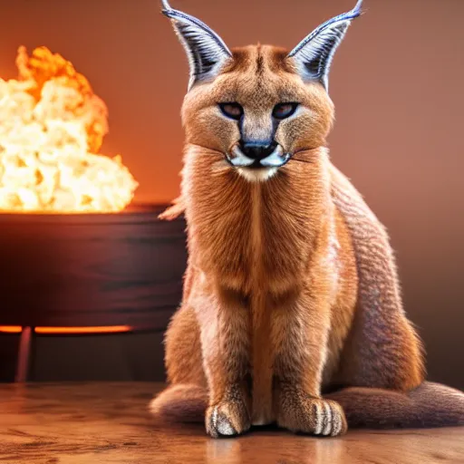 Image similar to wide-angle photo of cute caracal sitting on a wooden chair in a room, flames of fire at background, octane render, 3d, 8k , hd, studio light