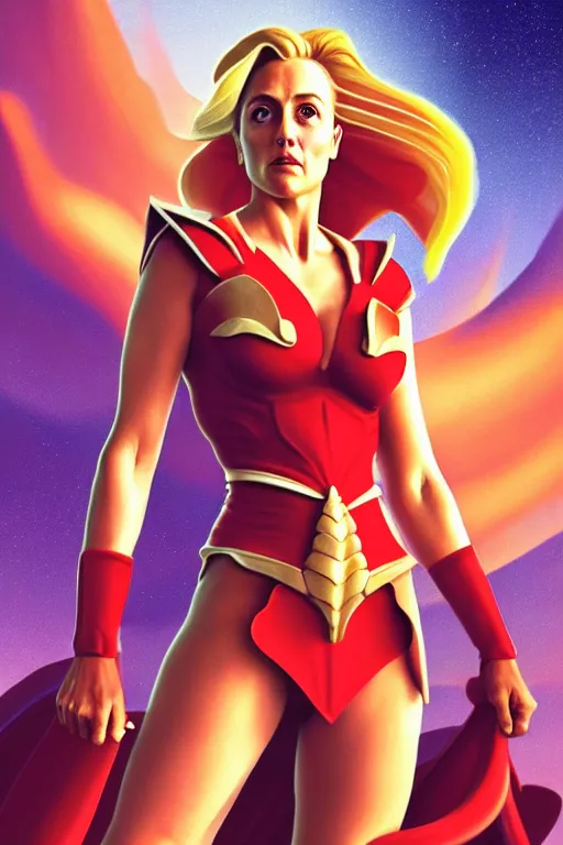 Image similar to polished sweaty she - ra : : young gillian anderson annasophia robb : : kate upton body : : weta disney pixar movie still photo : : hi - fructose, sci fi, fantasy, decadent highly - detailed digital painting, golden ratio, octane render, artstation, smooth, sharp focus, artgerm, mucha, loish, wlop : :