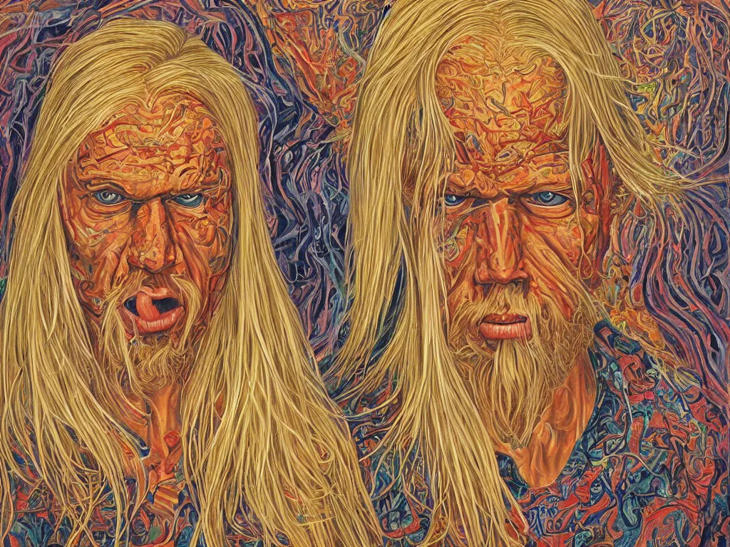 Image similar to portrait of a blonde man in slavic squat. painting by alex grey