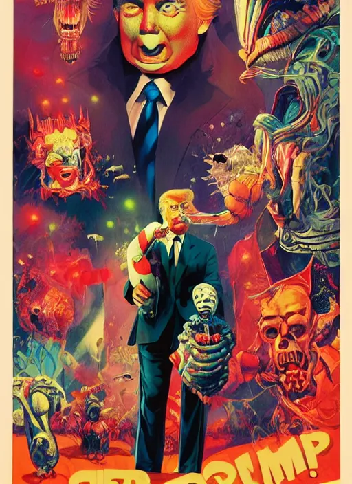 Prompt: donald trump is a clown destroying the planet, grotesque, horror, high details, intricate details, by vincent di fate, artgerm julie bell beeple, 60s, inking, vintage 60s print, screen print